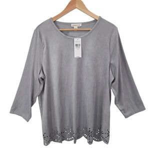 Coldwater Creek Women Grey Blouse 1X Laser Cut Hem Faux Suede Scalloped Boho NWT
